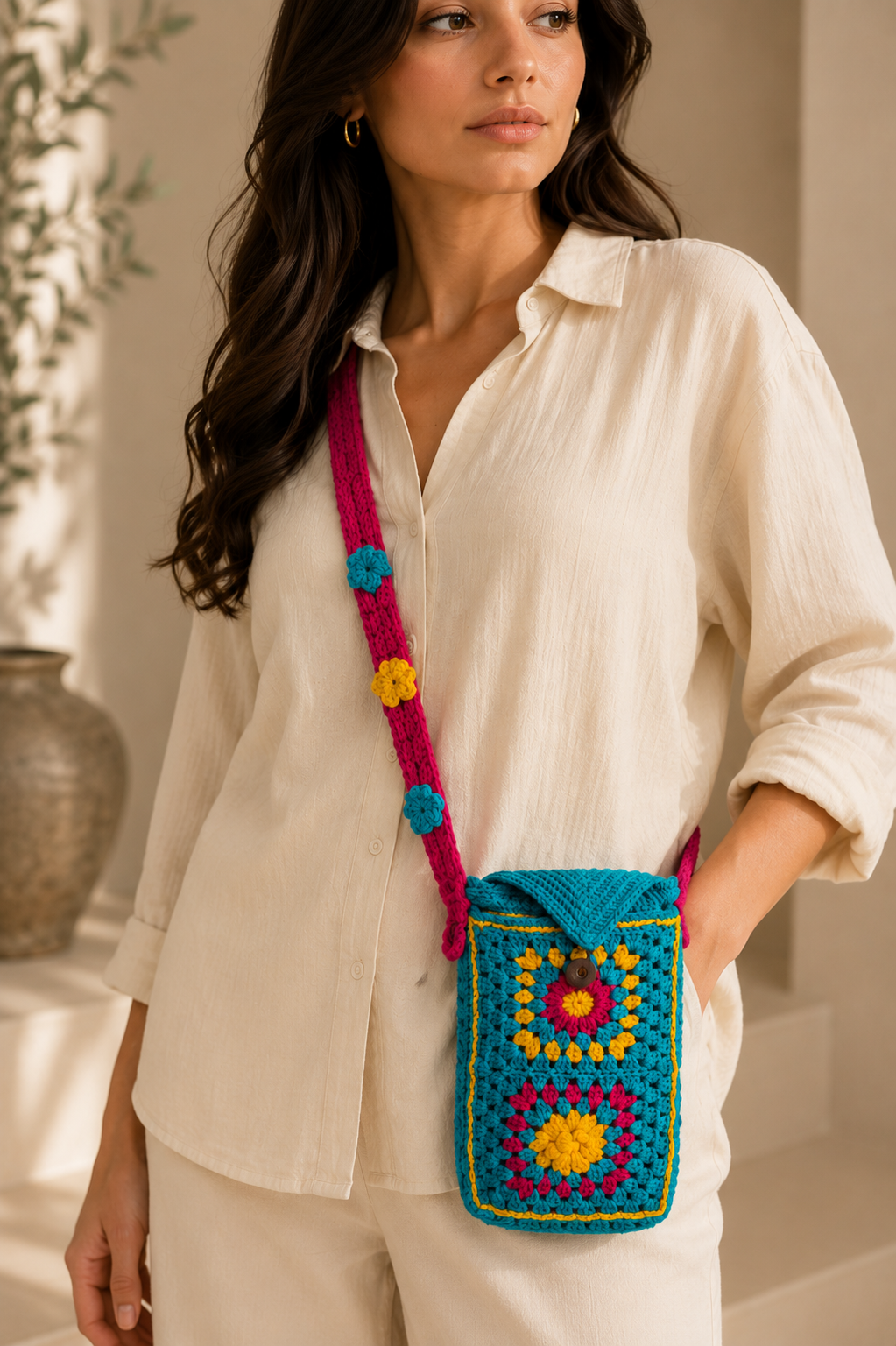 Colorful Handmade Crochet Phone Case - Fuchsia, Yellow, and Blue Floral Design