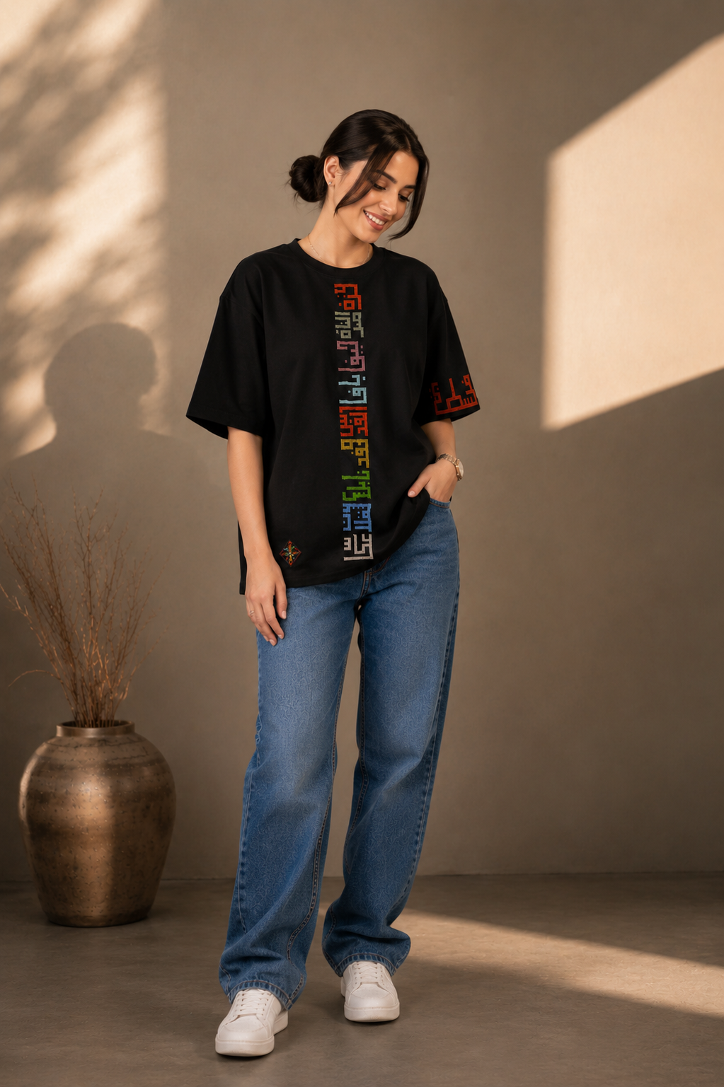 Black Cotton Oversized T-Shirt – Hand-Embroidered Palestinian Cities Tatreez