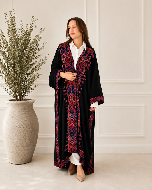 Maha Black Crepe Georgette Abaya/Bisht – Handmade Palestinian Tatreez