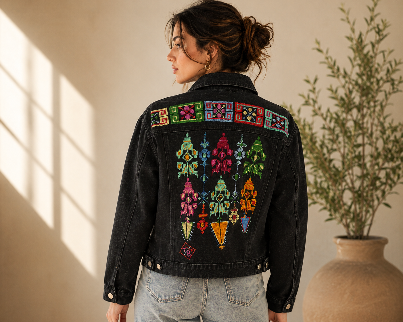 Dalla Jacket: Black with Handcrafted Palestinian Embroidery in Vibrant Colors