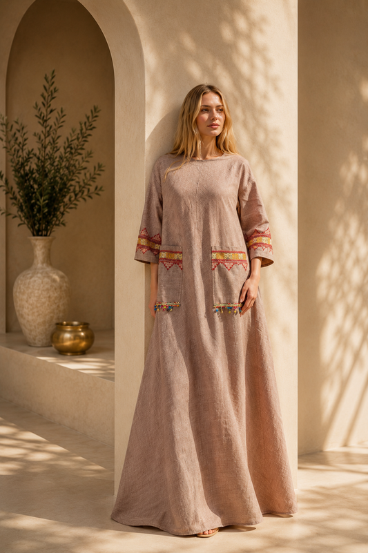 Handmade Fushion Abaya Beige with Tatreez Embroidery - Premium Linen & DMC Thread