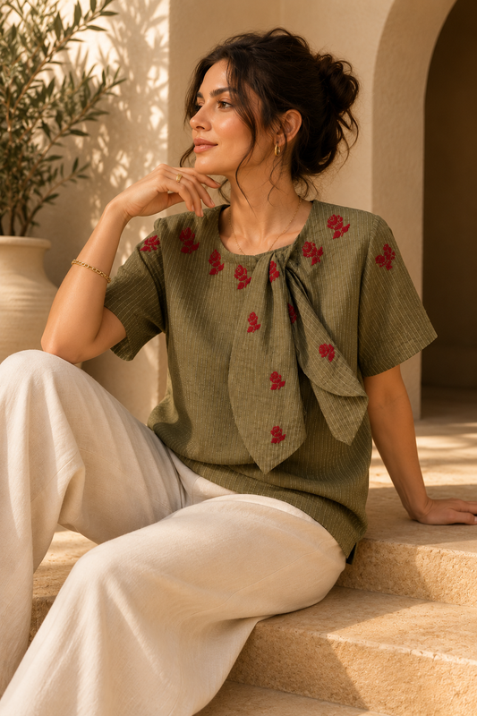 Heart: Elegant Linen Top with Bow & Hand-Embroidered Flowers - Limited Edition