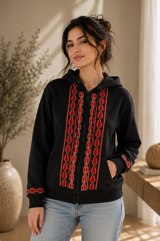 Palestinian Embroidered Zipper Hoodie – Handmade Tatreez