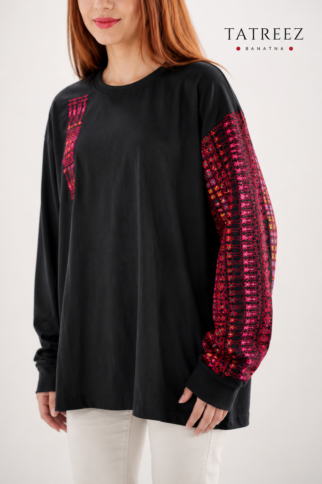 Bissan Handcrafted Black Long Sleeve Cotton Top with Embroidery