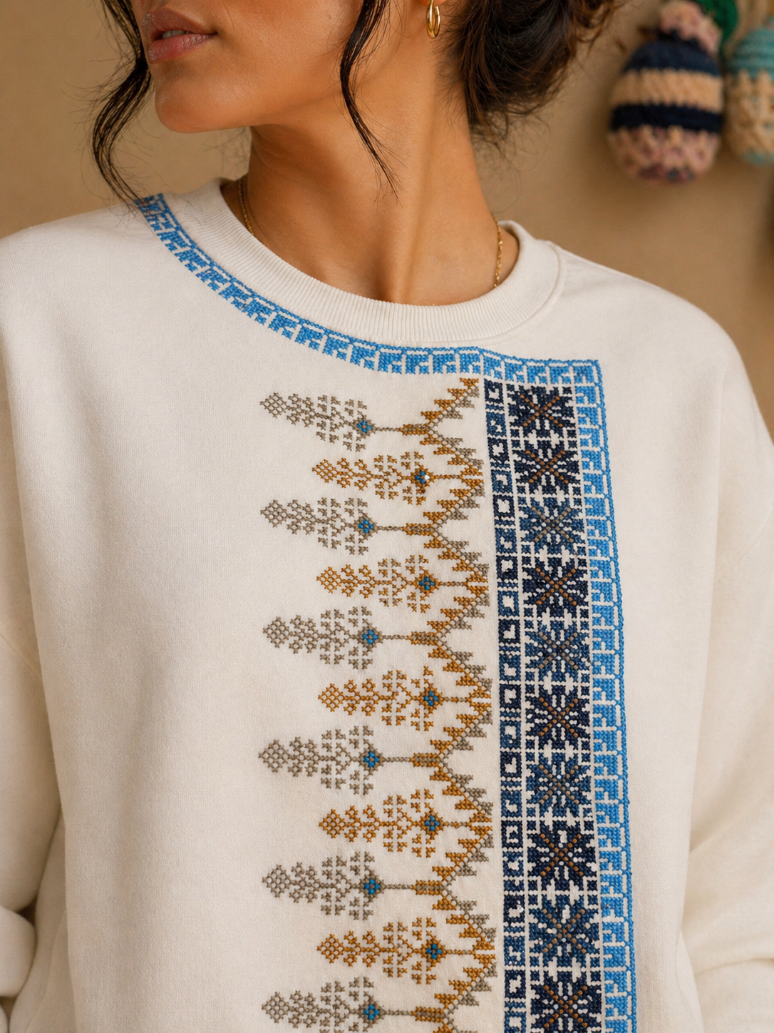 Seher Handmade White Sweater | Magical Palestinian Embroidery in Ocean & Sand Colors