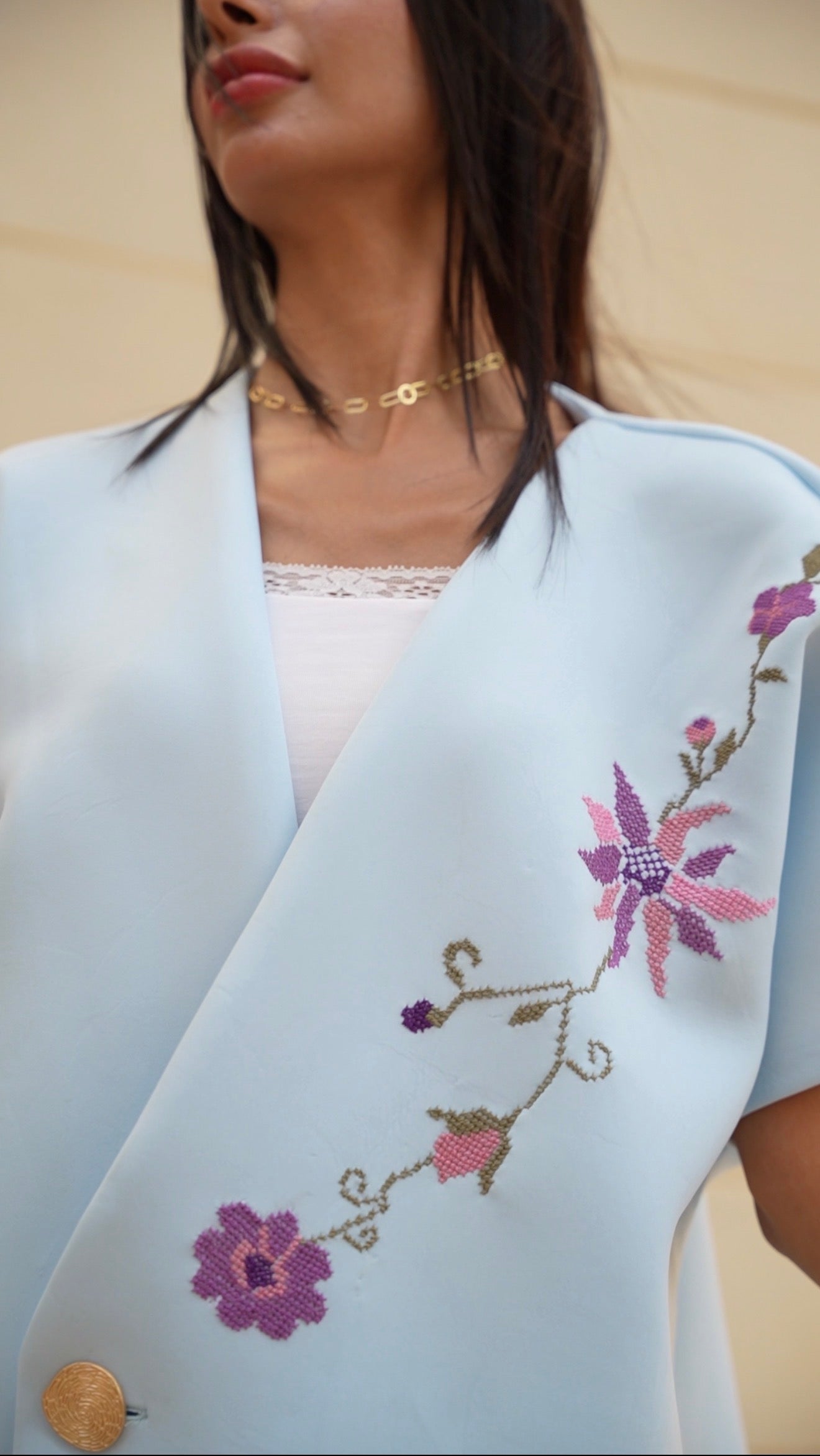 Merimade Elegant Aquamarine Scuba Top with Handmade Embroidery