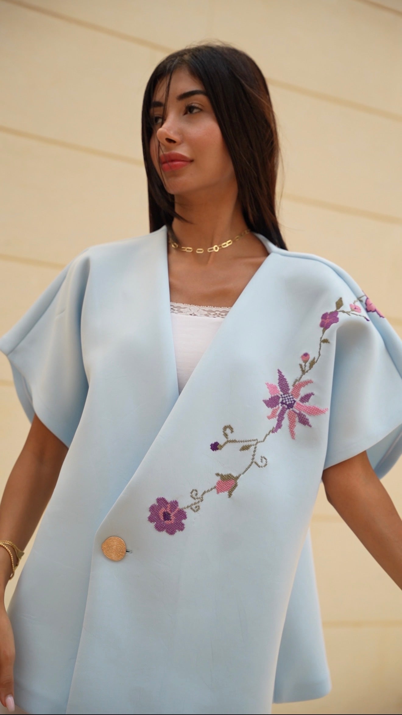 Merimade Elegant Aquamarine Scuba Top with Handmade Embroidery