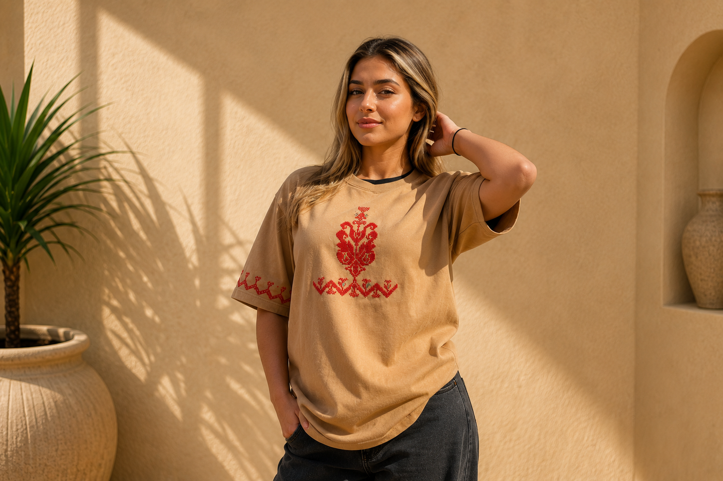 Beige Oversized T-Shirt – Handmade Palestinian Tatreez Embroidery