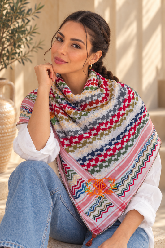 Earthy Handmade Keffiyeh: Elegant Beige with Vibrant Embroidery