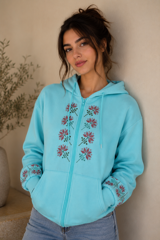 Skyline Hoodie – Handmade Palestinian Tatreez | Modern & Traditional