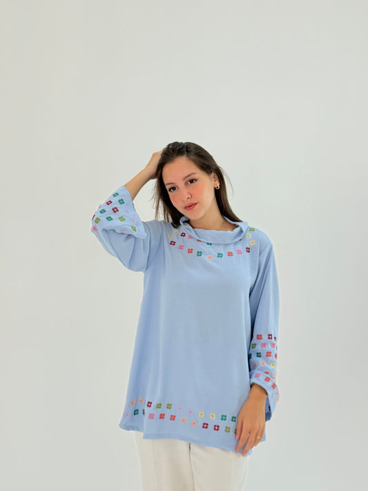 Baby blue cotton top shirt with modern navy and blue fusion embroidery, handmade for everyday wear.