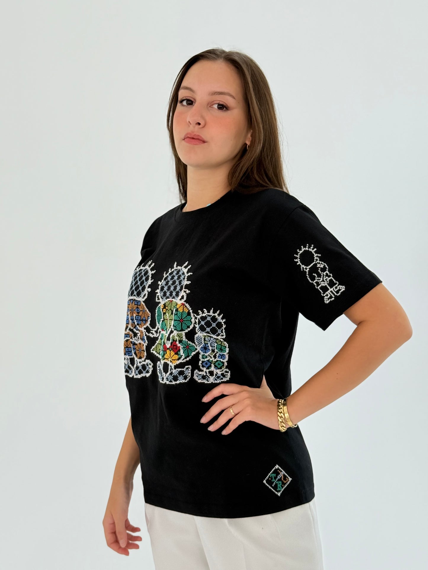 Black Cotton T-shirt with Handhala Family Embroidered in Beige, Green, and Yellow