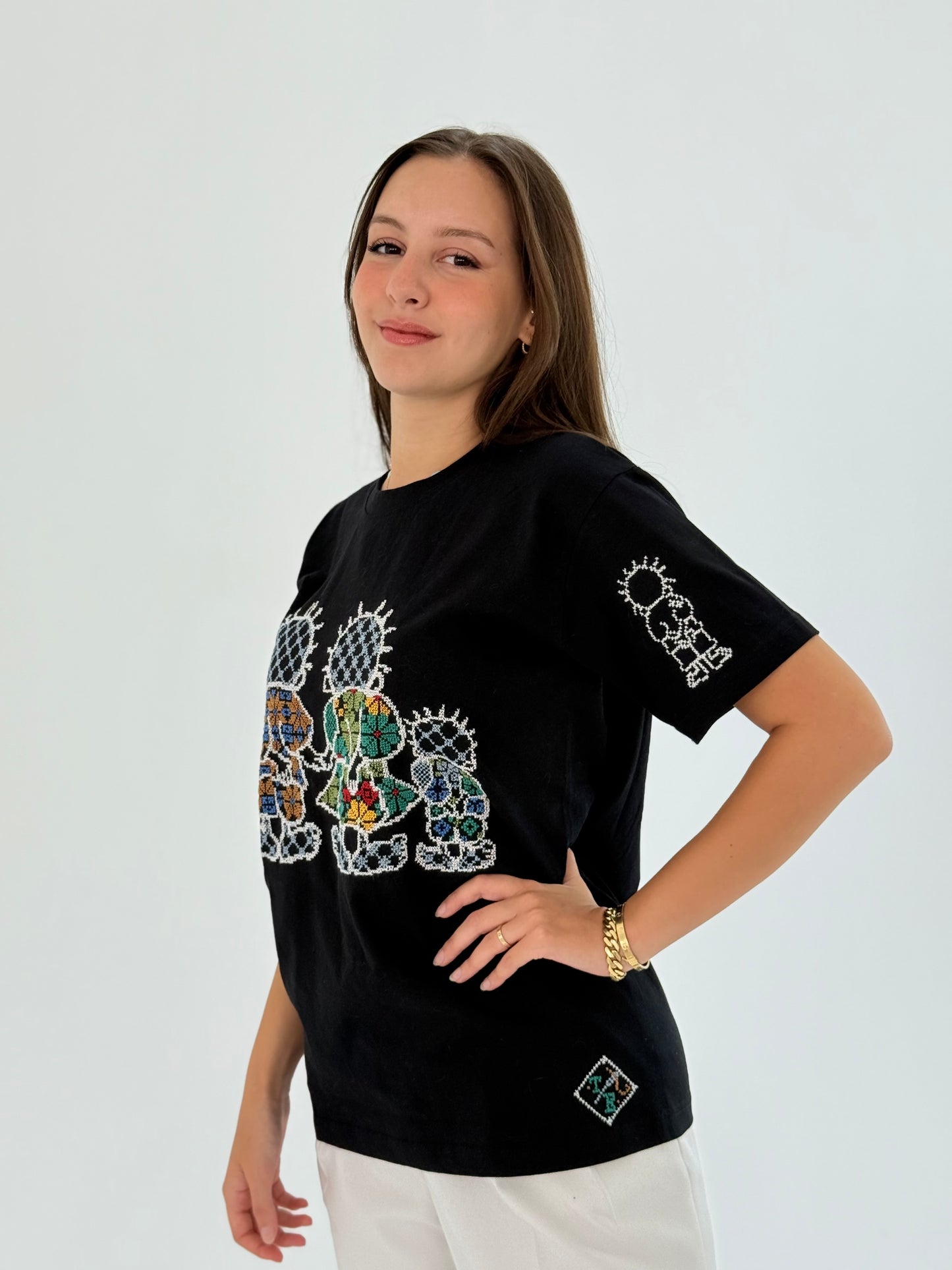 Black Cotton T-shirt with Handhala Family Embroidered in Beige, Green, and Yellow