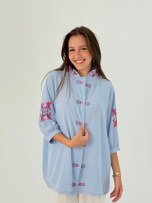 Baby blue cotton top shirt with modern navy and blue fusion embroidery, handmade for everyday wear.