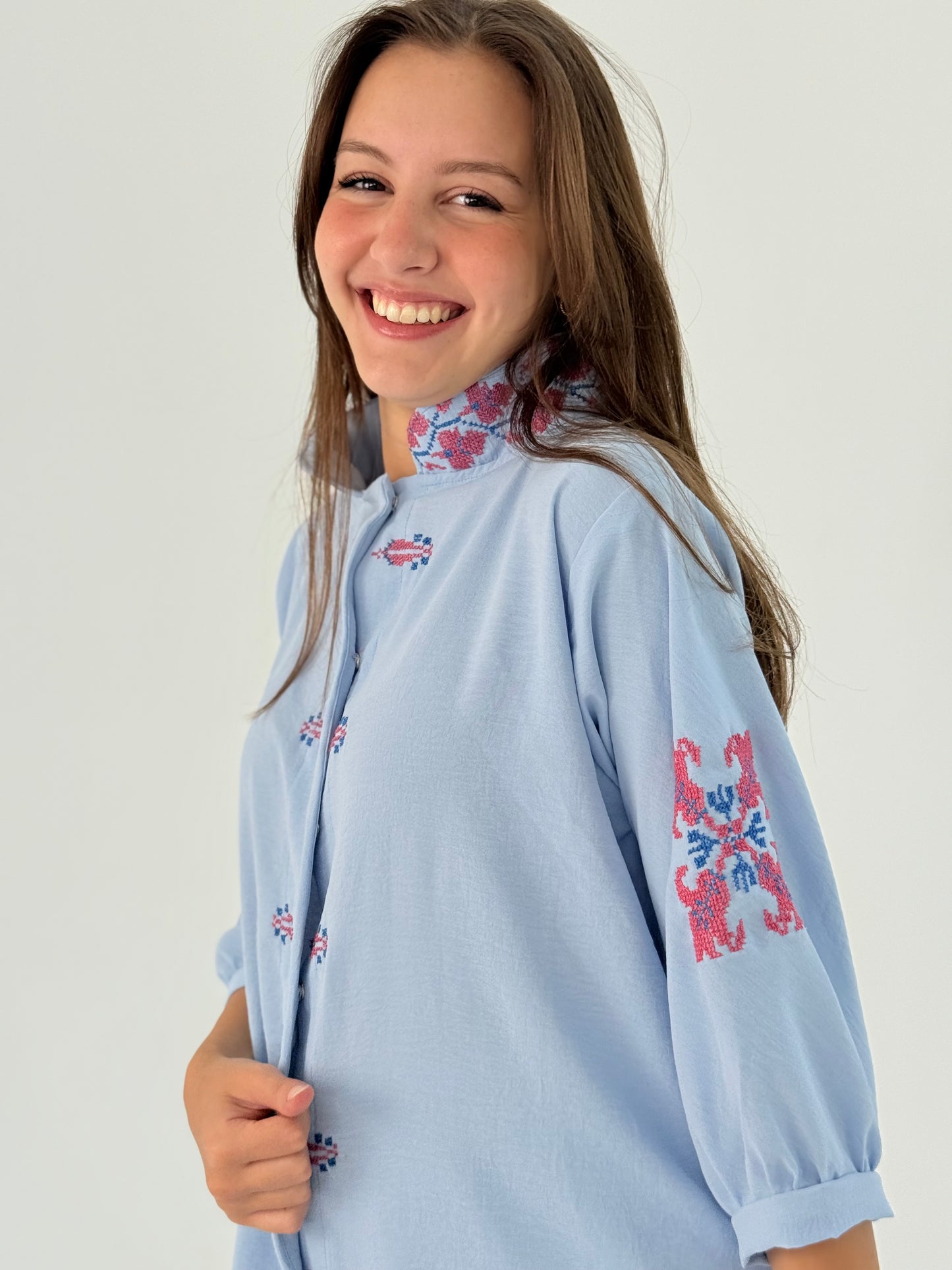 Cute Baby Blue Top Shirt with Fusion Embroidery - Cotton