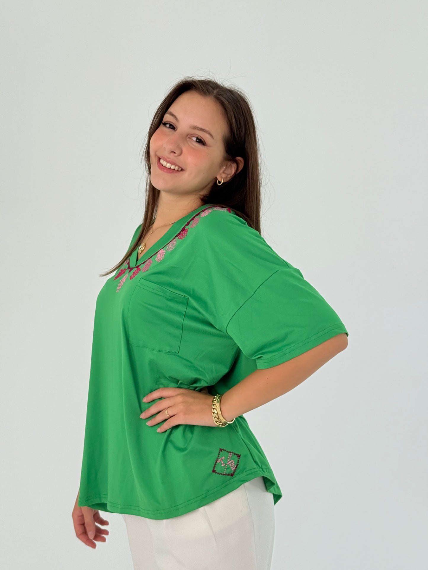 Soft Green Cotton T-Shirt with Handmade Neck Embroidery