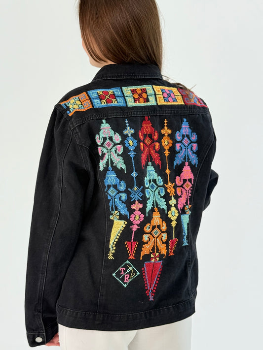 Black Jeans Jacket with Stunning Bright Color Embroidery - A Passionate Creation