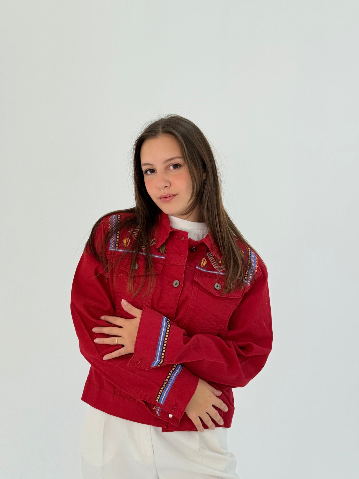Red Jeans Jacket with Beautiful Blue, Orange, and Green Embroidery