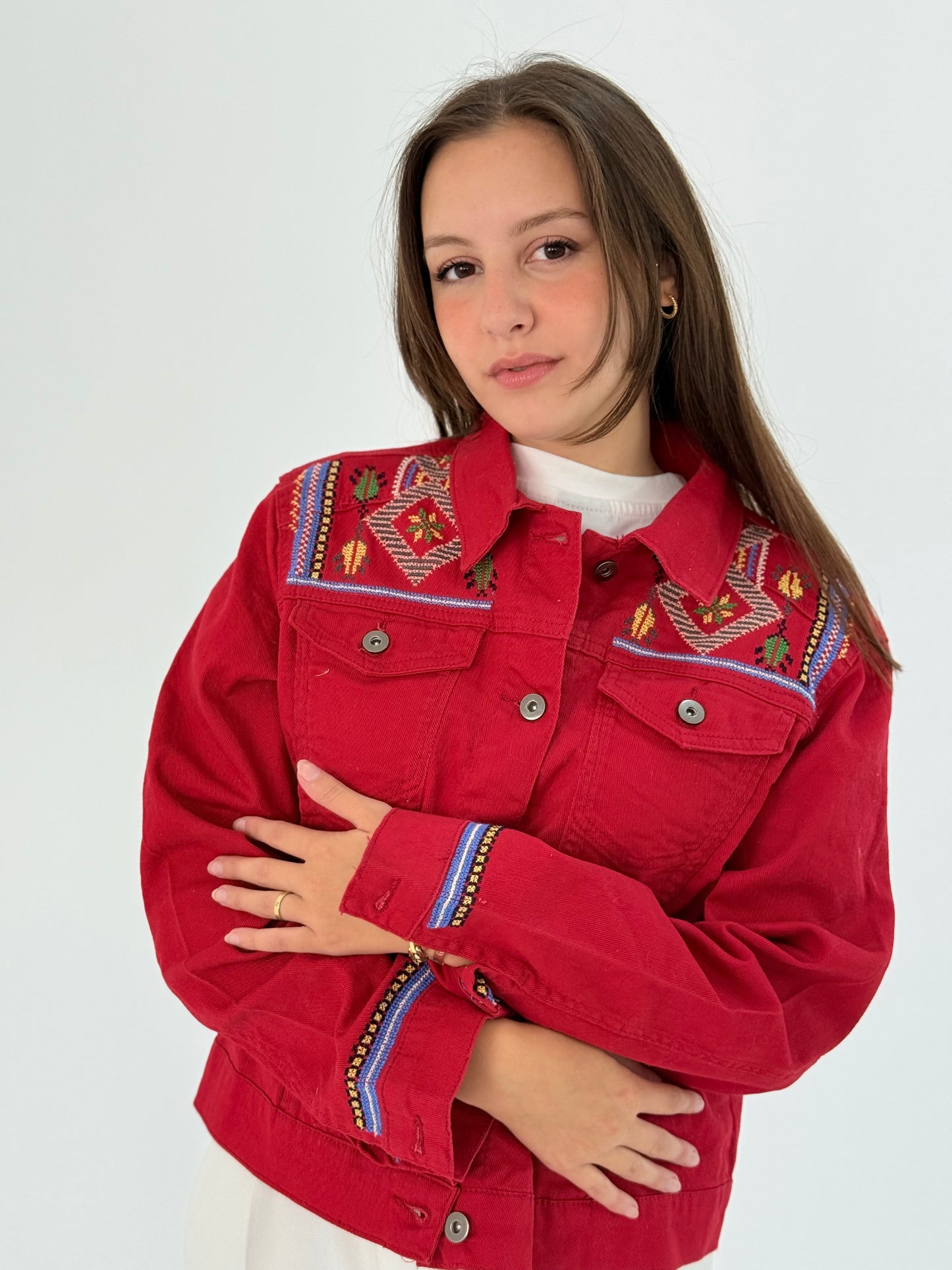 Red Jeans Jacket with Beautiful Blue, Orange, and Green Embroidery