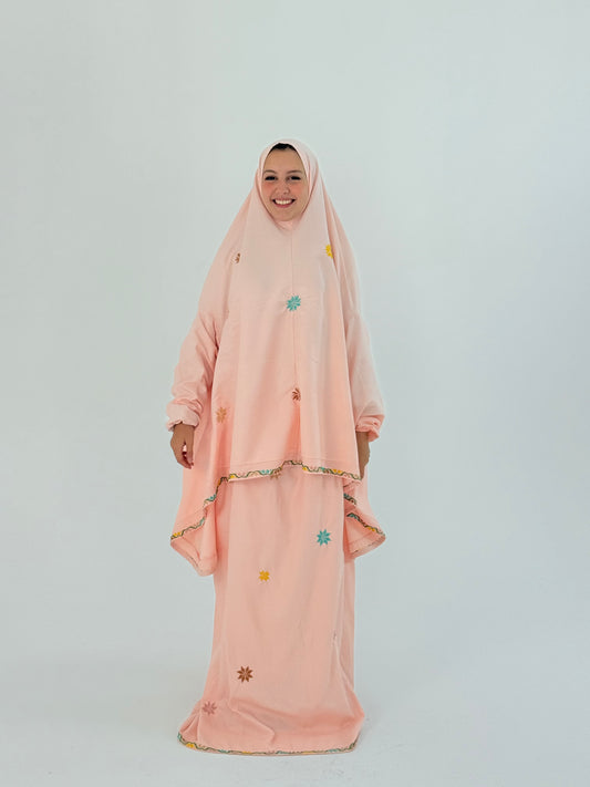 Handmade Elegant Handmade Peach Prayer Set with Star Embroidery | Two-Piece Khimar & Skirt