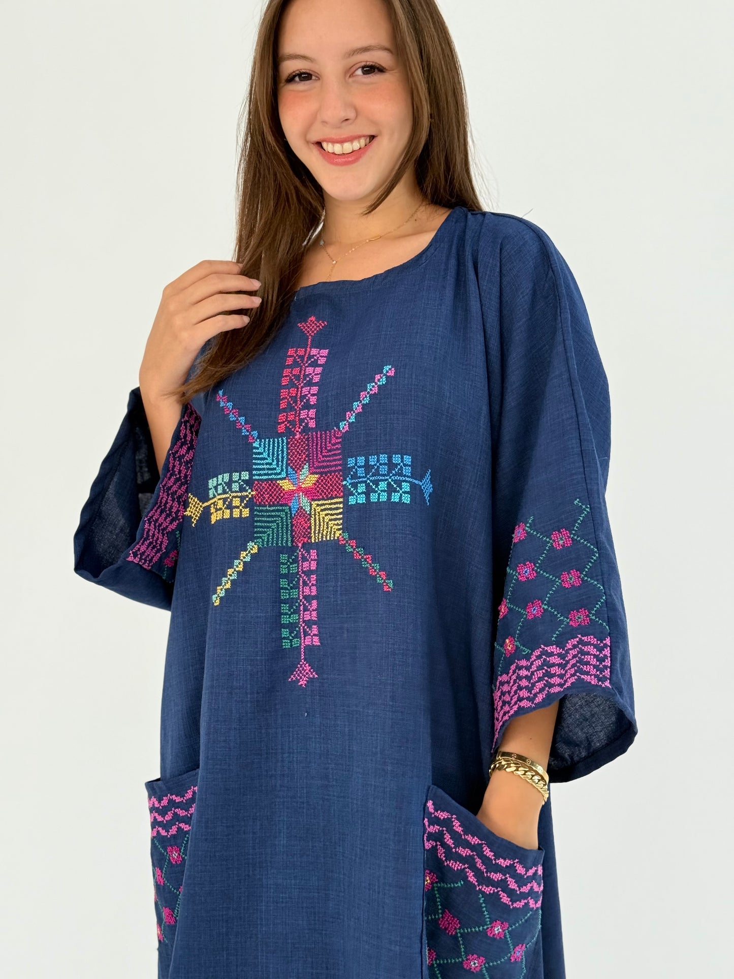 Handmade Navy Linen Dress with Kofea & Tatreez Patterns - Versatile for Daily Wear & Ramadan Events