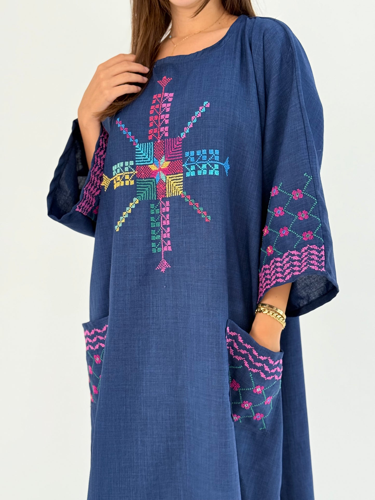 Handmade Navy Linen Dress with Kofea & Tatreez Patterns - Versatile for Daily Wear & Ramadan Events