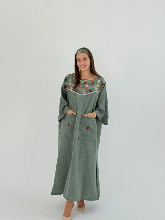 Green heavy linen abaya dress with floral Tatreez and matching bandana, suitable for day, night, or Ramadan.