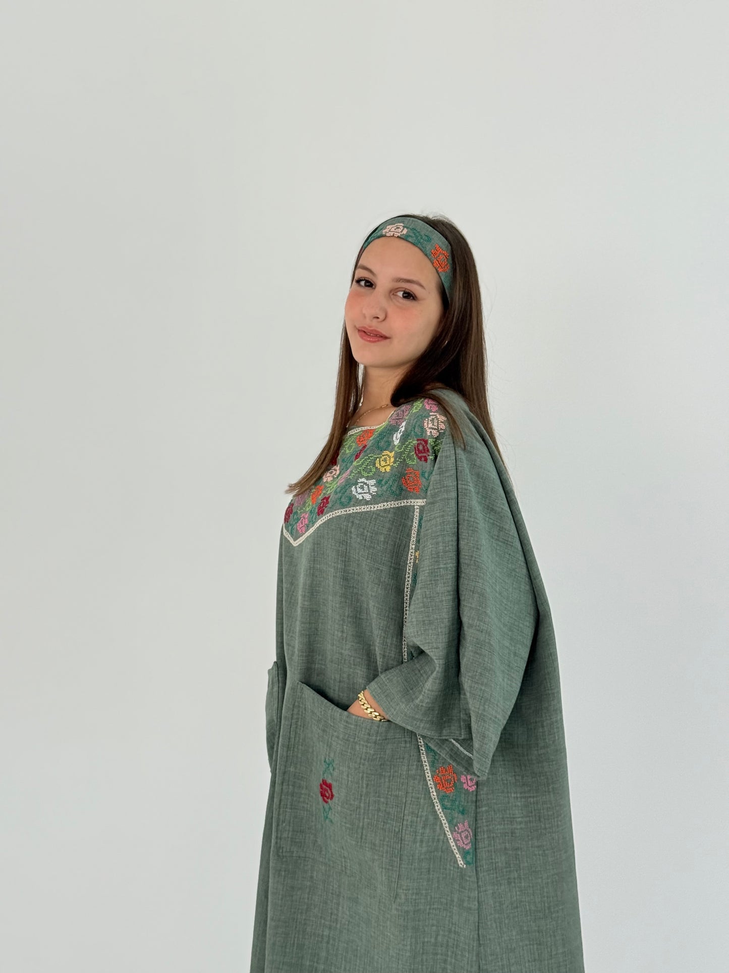 Green Linen Abaya Dress with Floral Tatreez & Matching Bandana