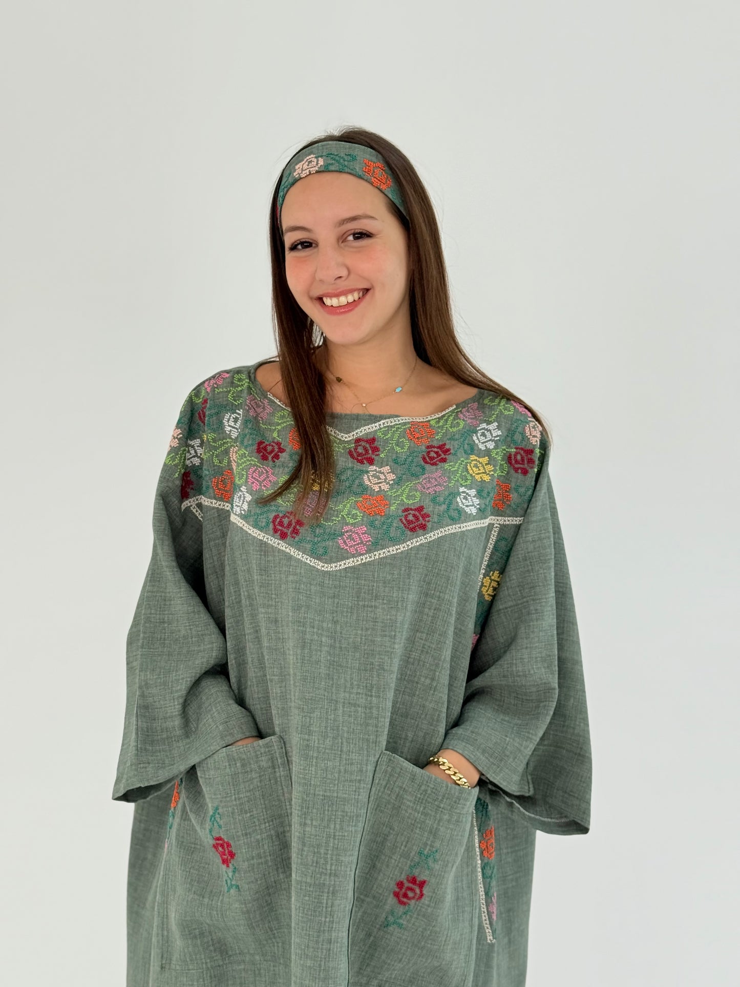Green Linen Abaya Dress with Floral Tatreez & Matching Bandana