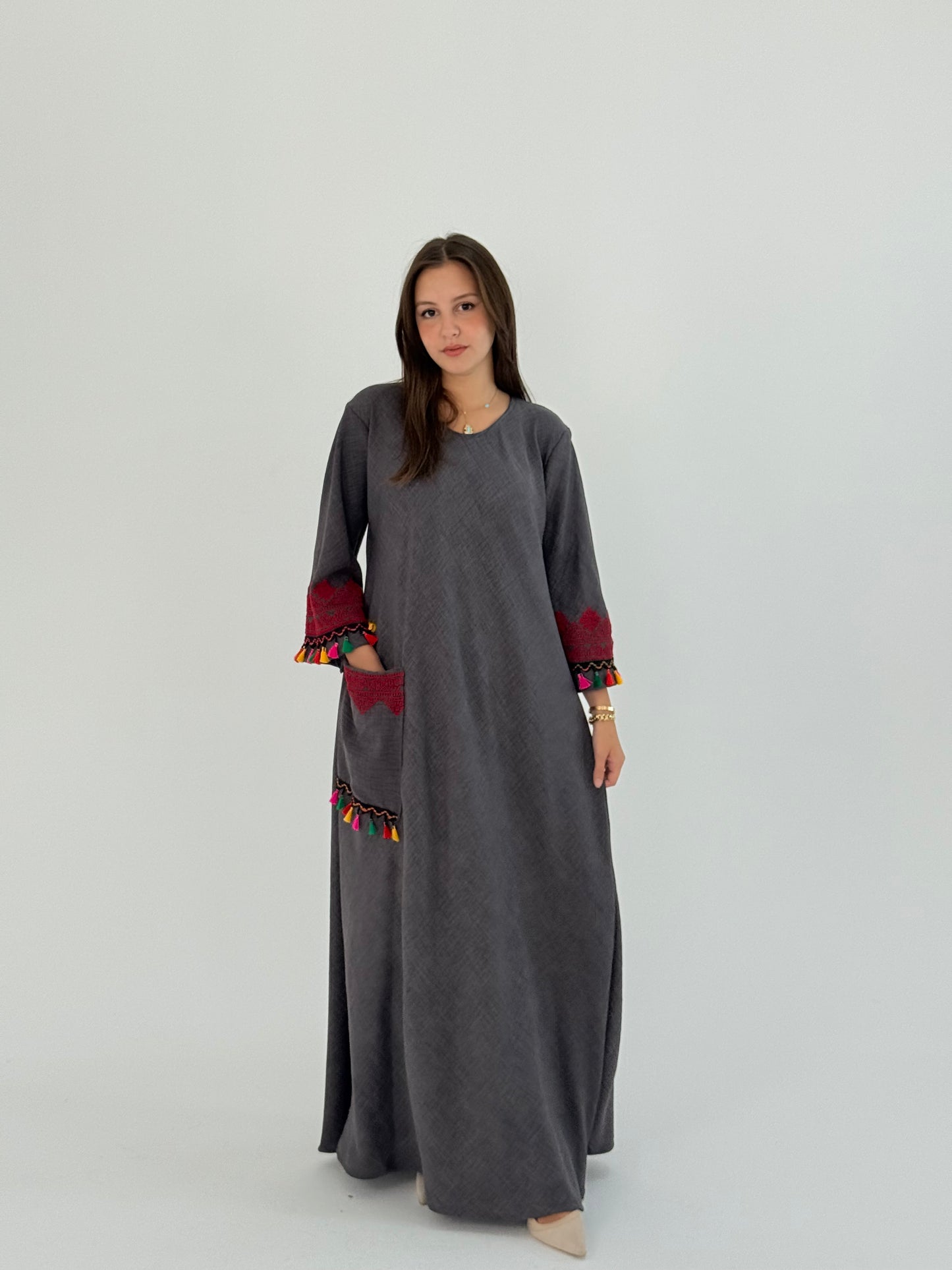 Handmade Grey Linen Dress with Red Embroidery & Sharasheeb