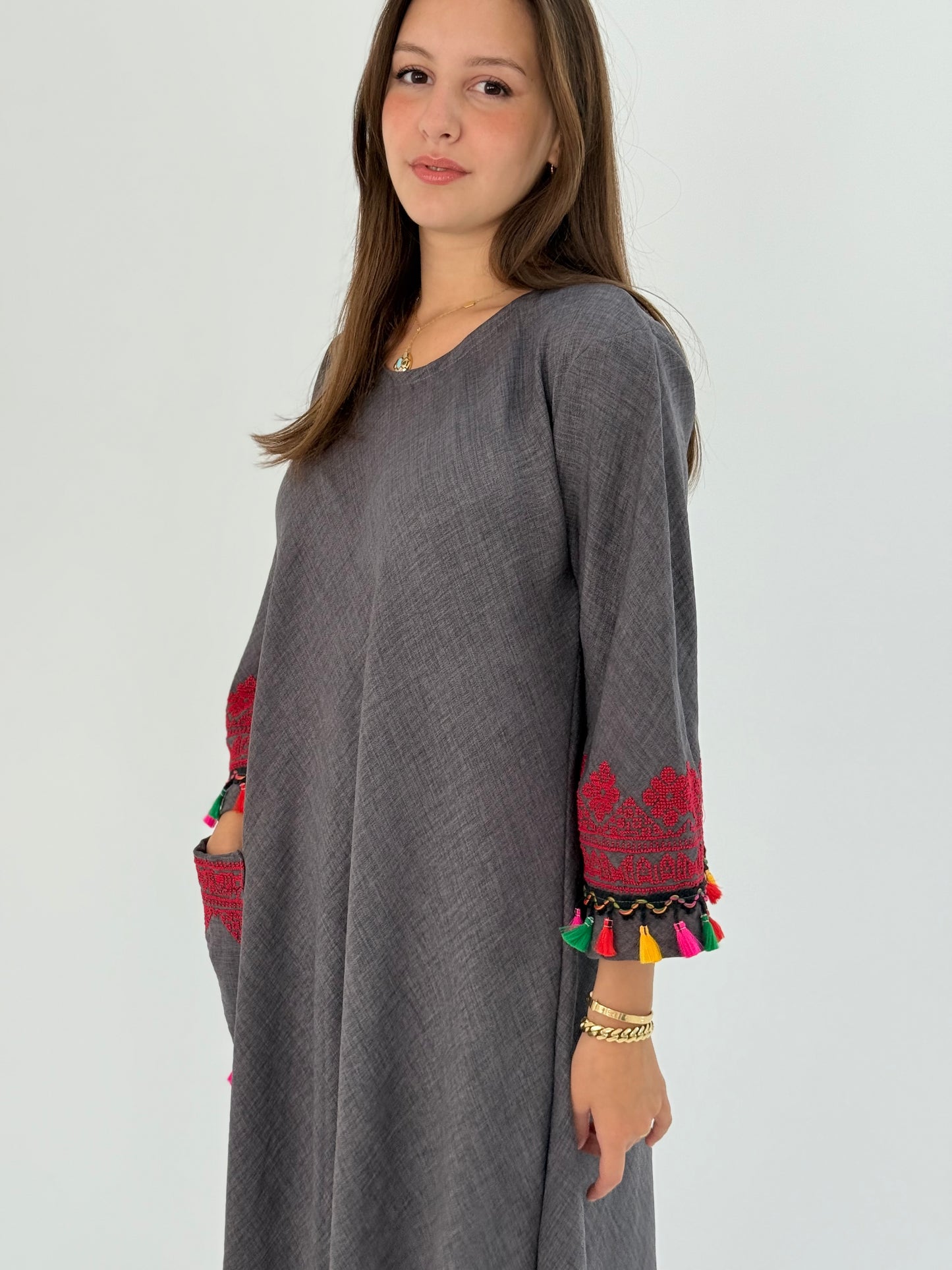 Handmade Grey Linen Dress with Red Embroidery & Sharasheeb
