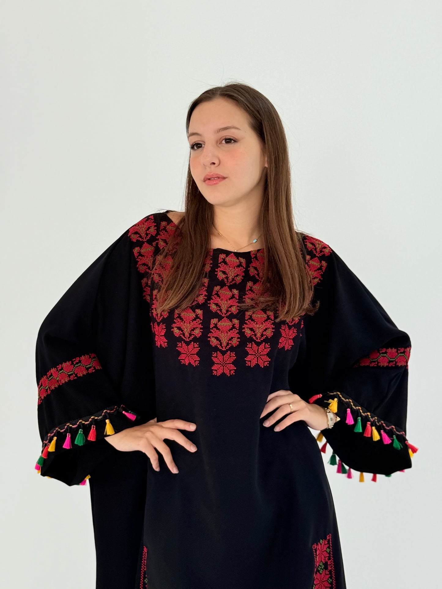 Handmade Black Crepe Georgette Abaya with Tatreez & Colorful Tassel Accents