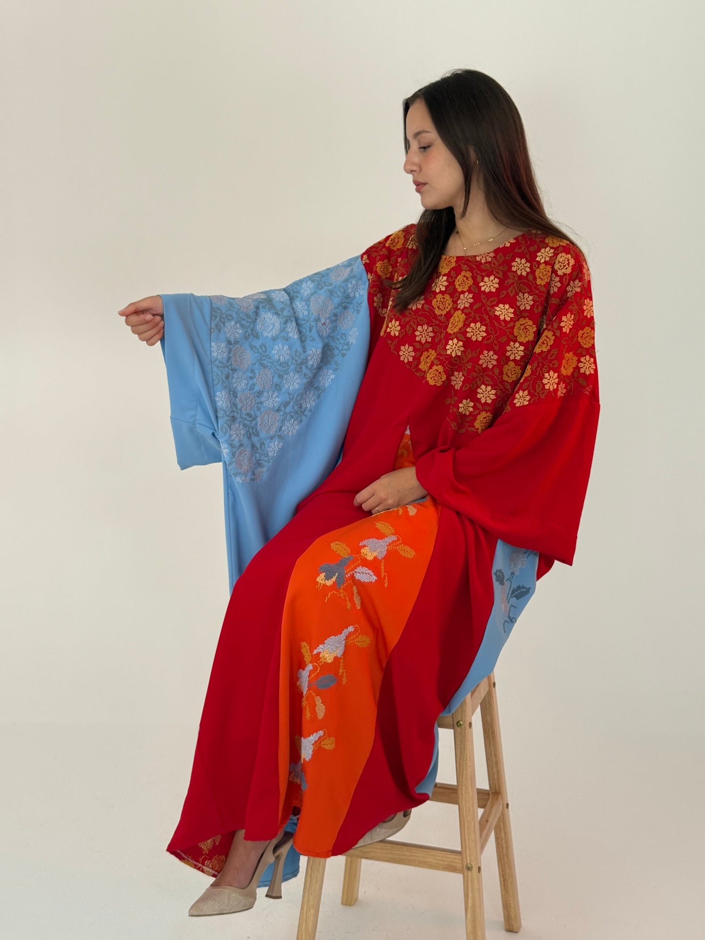 Handmade Colorful Layered Abaya with Palestinian Embroidery - Soft Linen in Light Blue, Red, and Orange