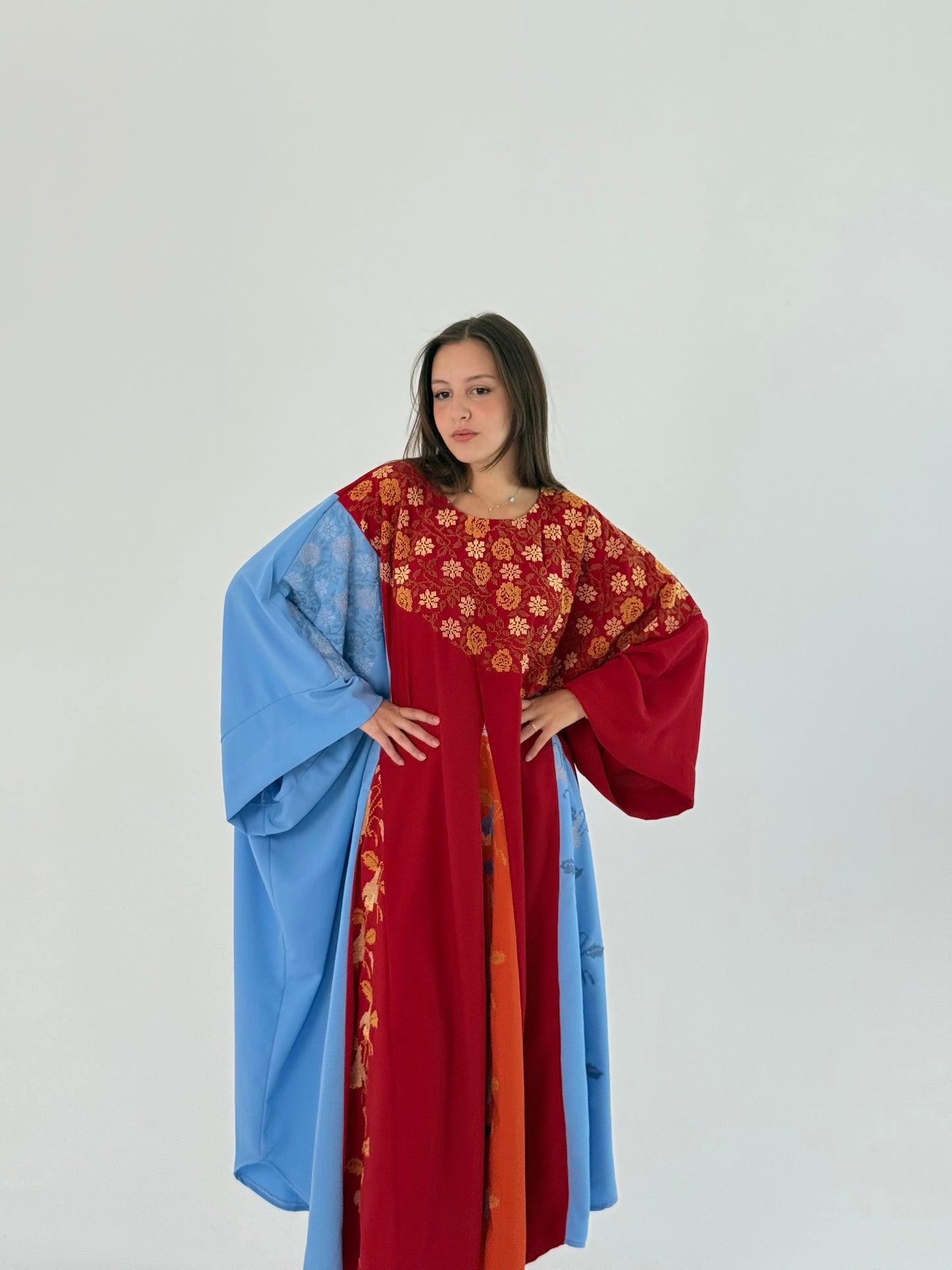 Handmade Colorful Layered Abaya with Palestinian Embroidery - Soft Linen in Light Blue, Red, and Orange