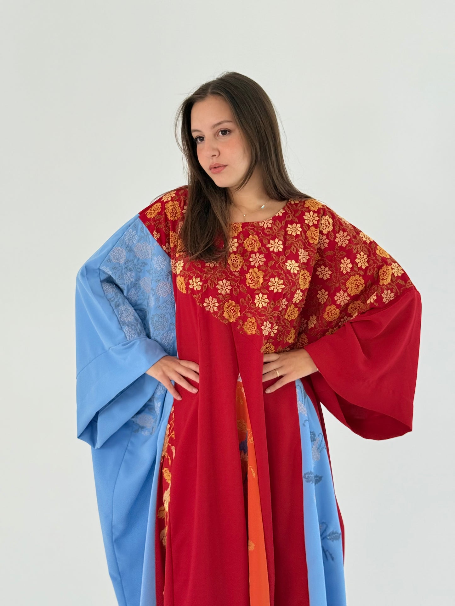 Handmade Colorful Layered Abaya with Palestinian Embroidery - Soft Linen in Light Blue, Red, and Orange
