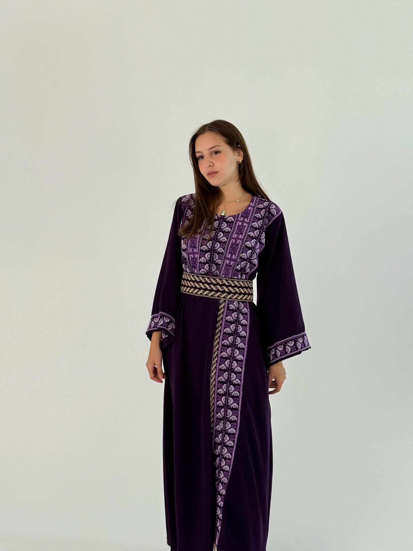 Handmade Lilac Thobe in Crepe Georgette - Tatreez Banatna Design