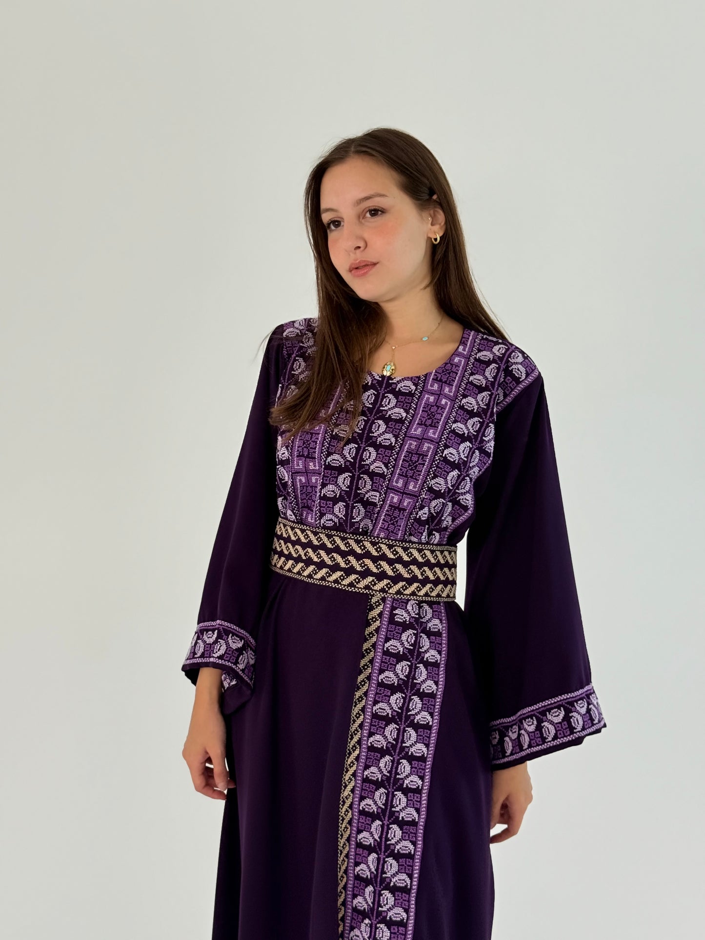 Handmade Lilac Thobe in Crepe Georgette - Tatreez Banatna Design