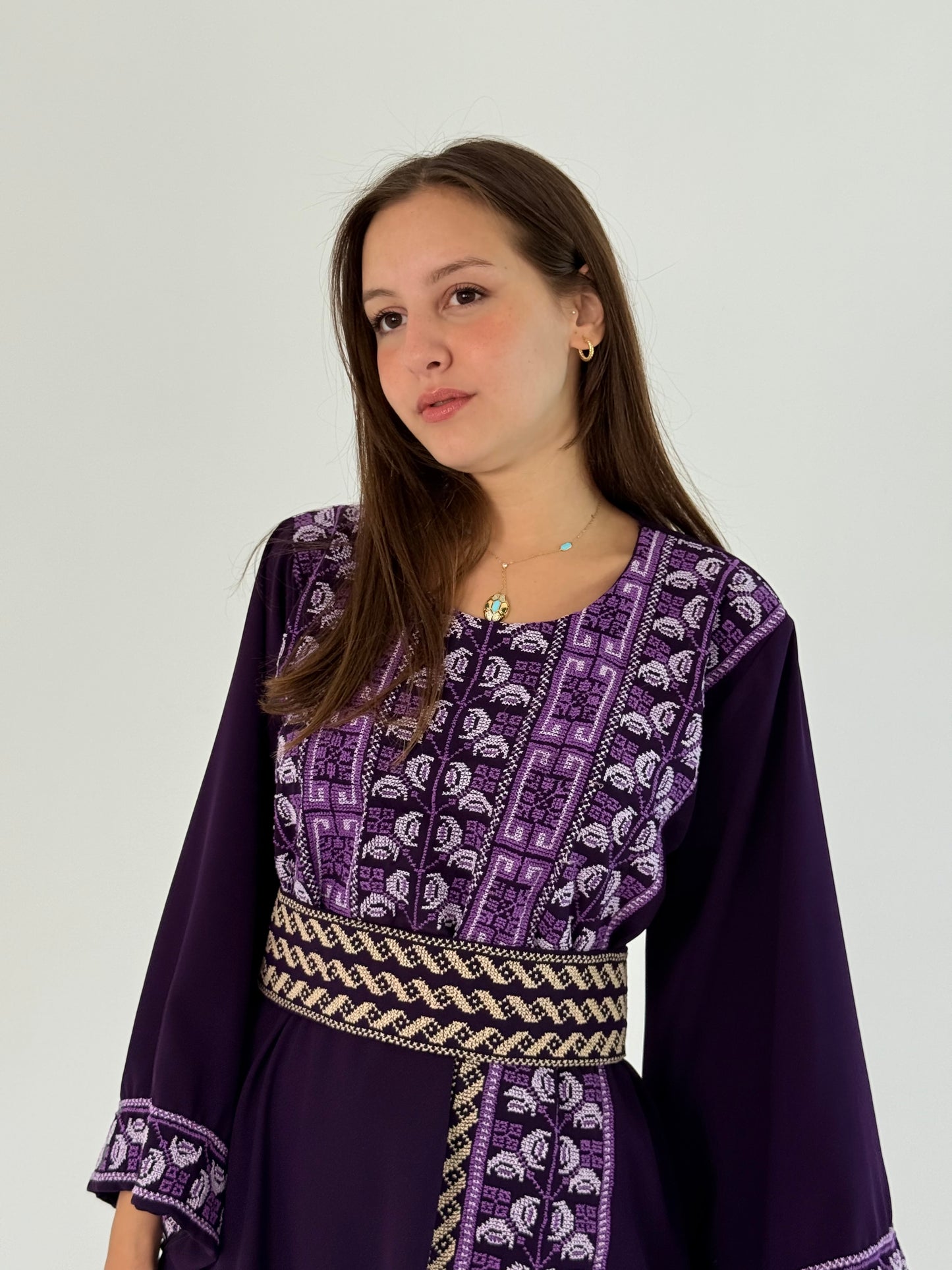 Handmade Lilac Thobe in Crepe Georgette - Tatreez Banatna Design