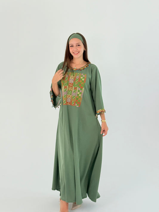Handmade Green Crepe Georgette Dress with Middle Embroidery & Tassel Details