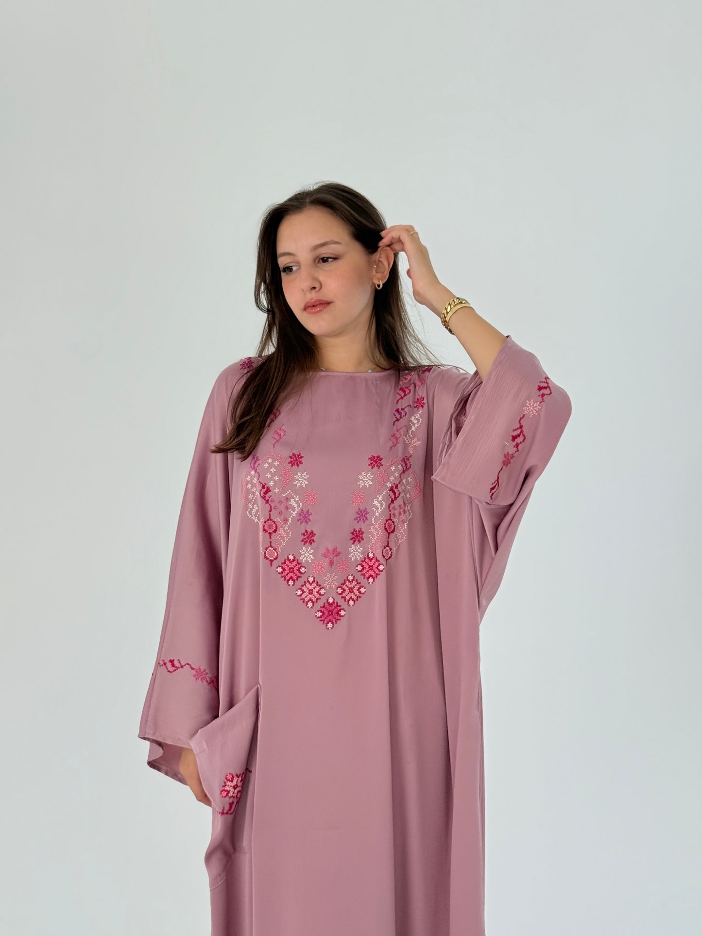 Elegant Handmade Pink Abaya in Soft Silk with Classy Embroidery