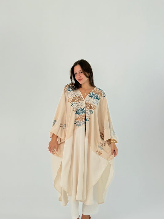 Handmade off white kimono made from crepe georgette with brown and blue embroidery, measuring 45 cm in width and 62 cm in length.