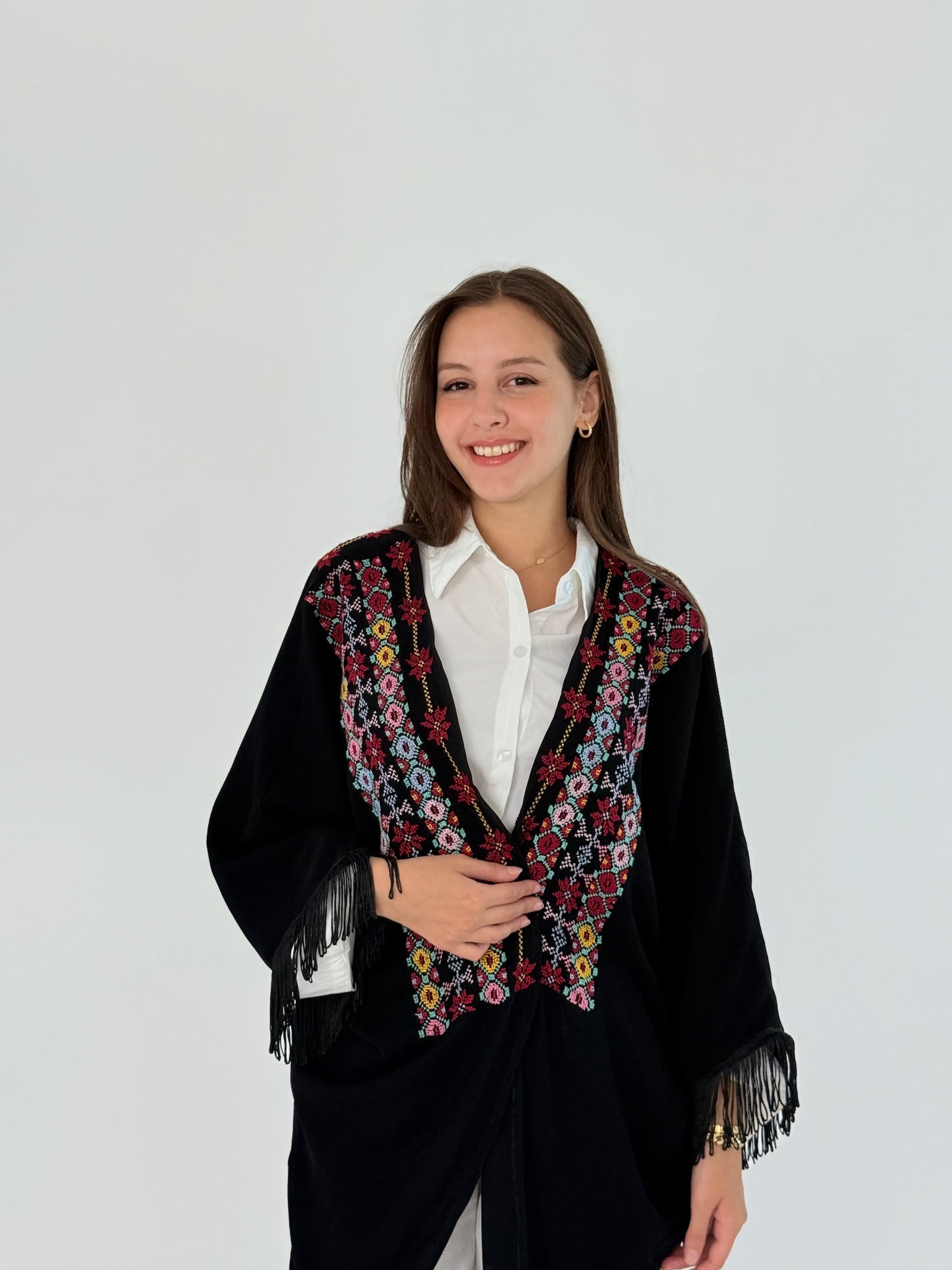 Handmade Free Size Embroidered Black Kimono with Tassels - Stylish Crepe Georgette Jacket