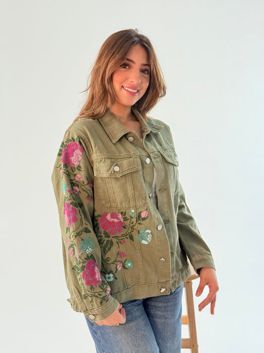 Hand Embroidered Olive Jeans Jacket | Modern Style with Heritage Floral Design