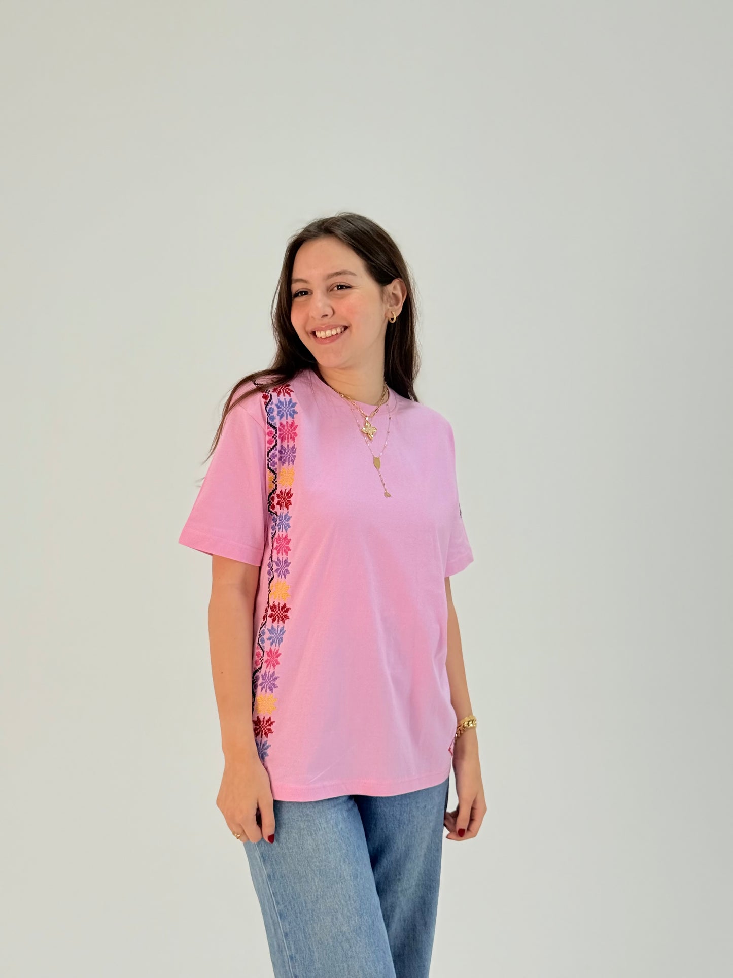 Pink Tatreez Embroidered T-Shirt | Handmade Palestinian Cotton Tee