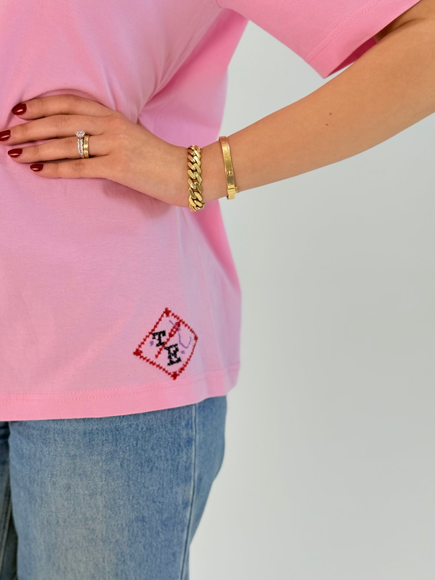 Pink Tatreez Embroidered T-Shirt | Handmade Palestinian Cotton Tee