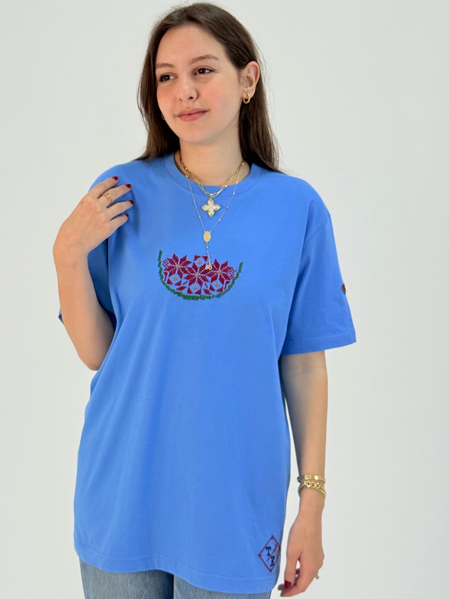 Blue Watermelon Embroidered T-Shirt | Handmade Tatreez Tee