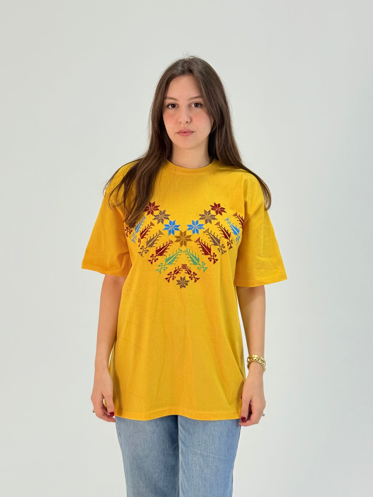 Yellow T-Shirt with Kanaan Star Embroidery | Handmade Palestinian Tee