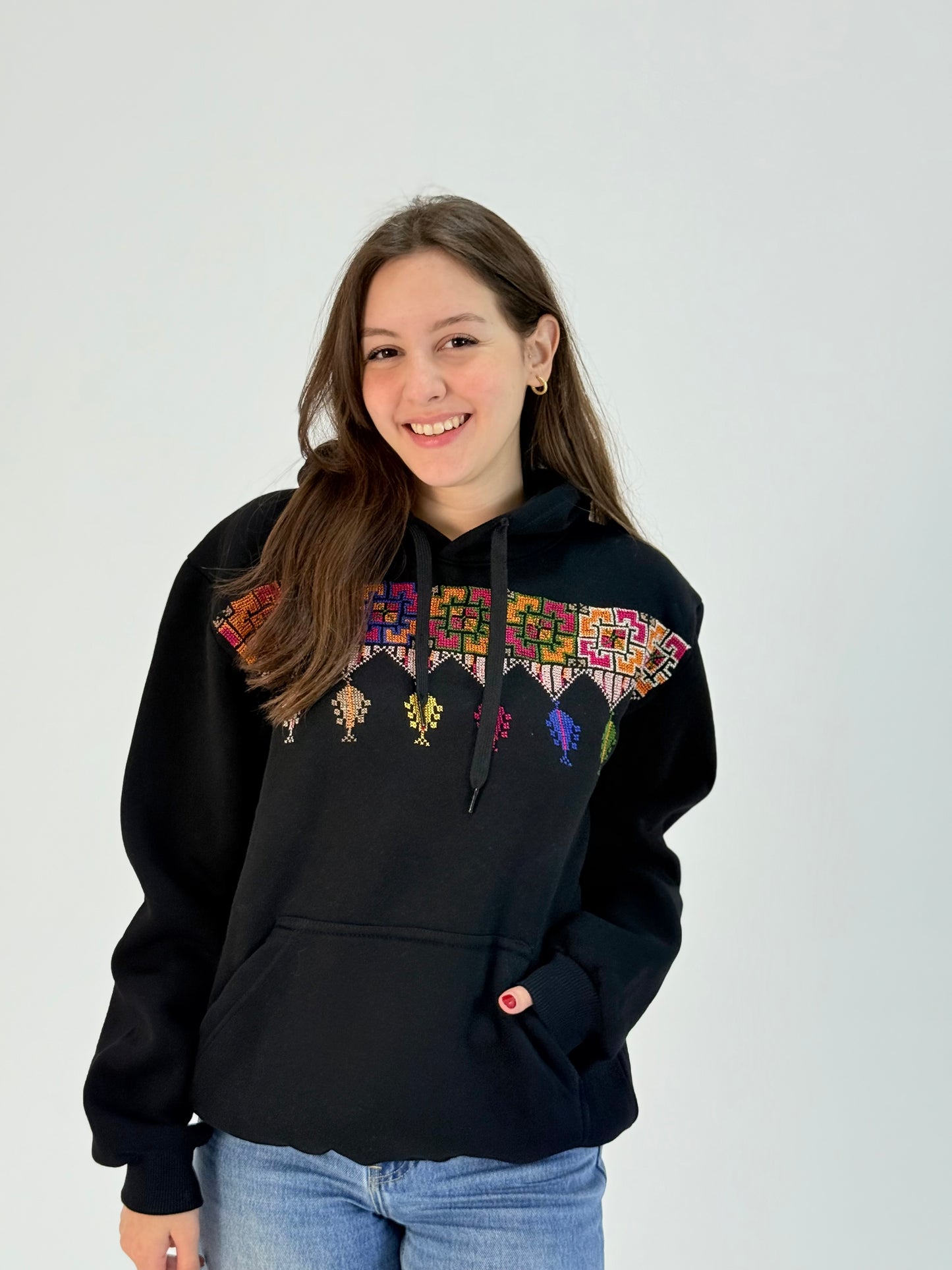 Palestinian Shepherd Embroidery Black Hoodie | Handmade Tatreez