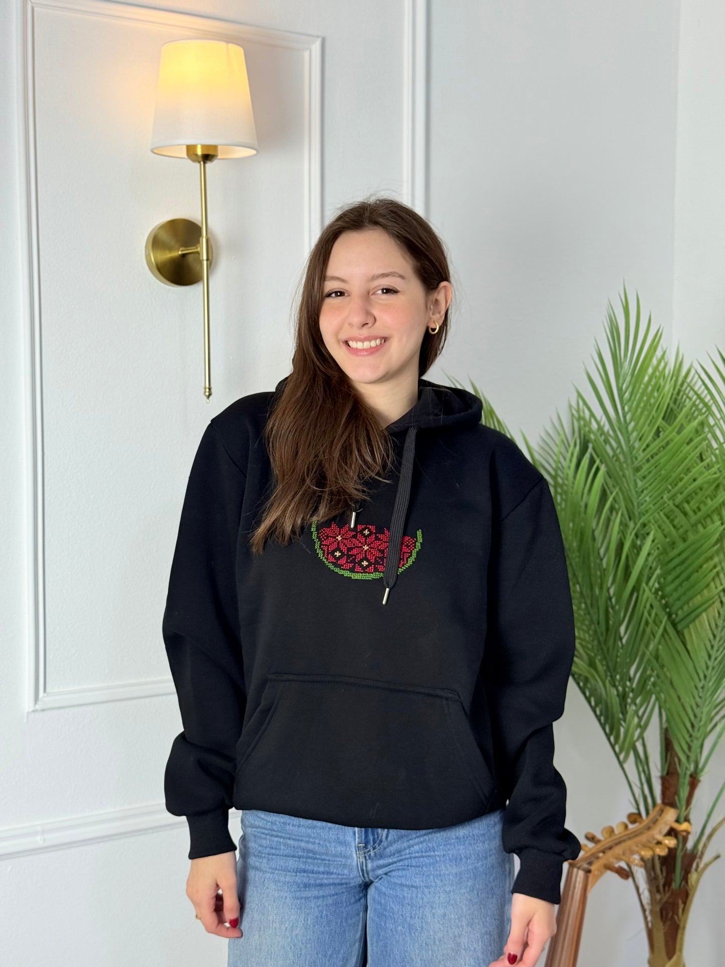 Embroidered Watermelon Black Hoodie | Handmade Palestinian Tatreez