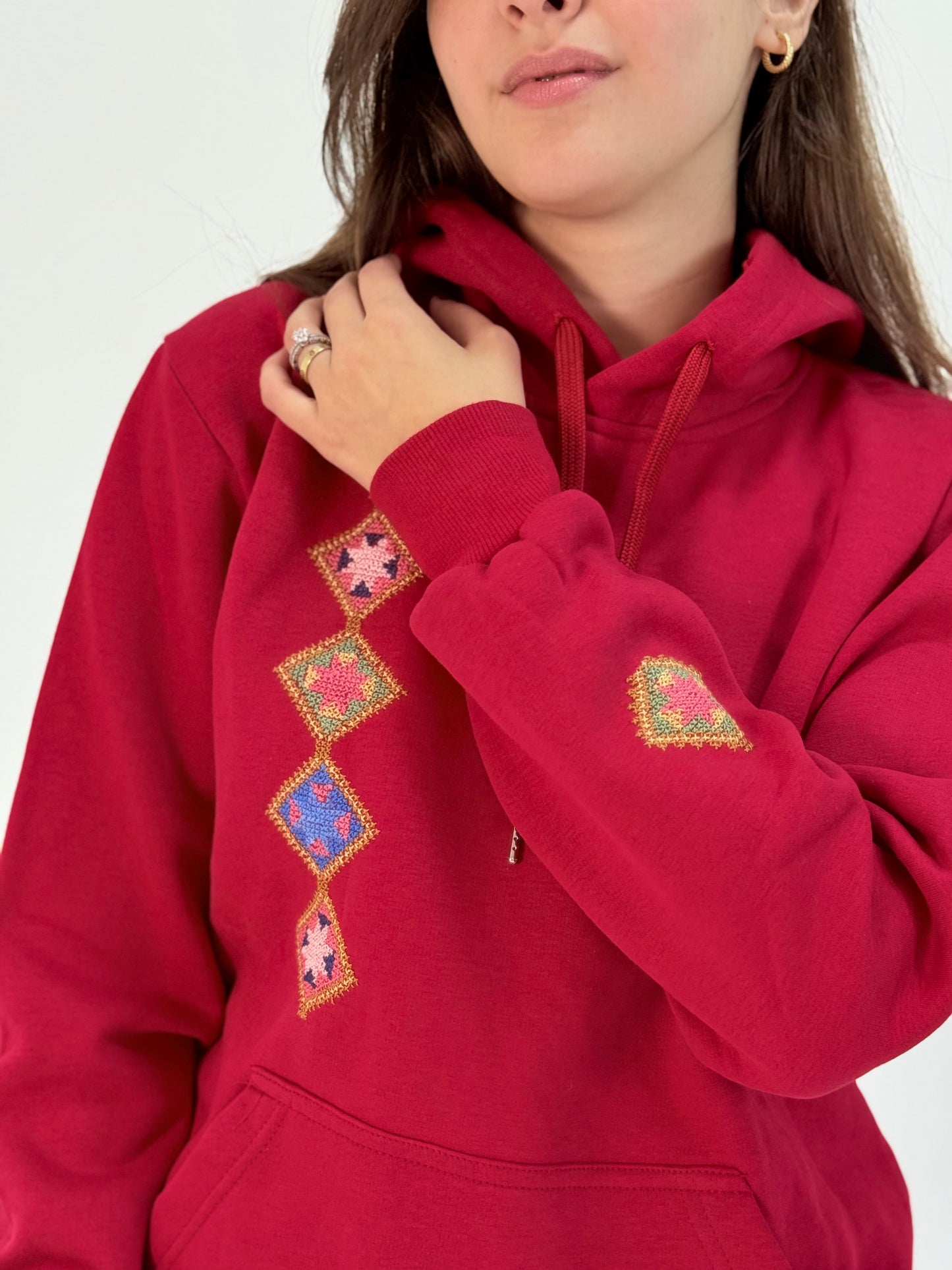 Red Hoodie with Palestinian Tatreez Embroidery | Handmade